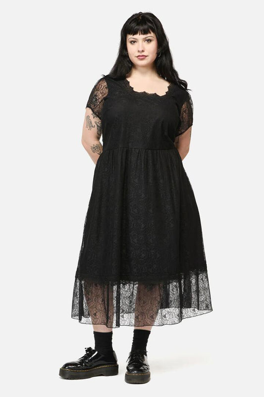 Image of a model wearing Dress. Productname: Curve Forgotten City Lace Dress in Black colour by brand - Dangerfield