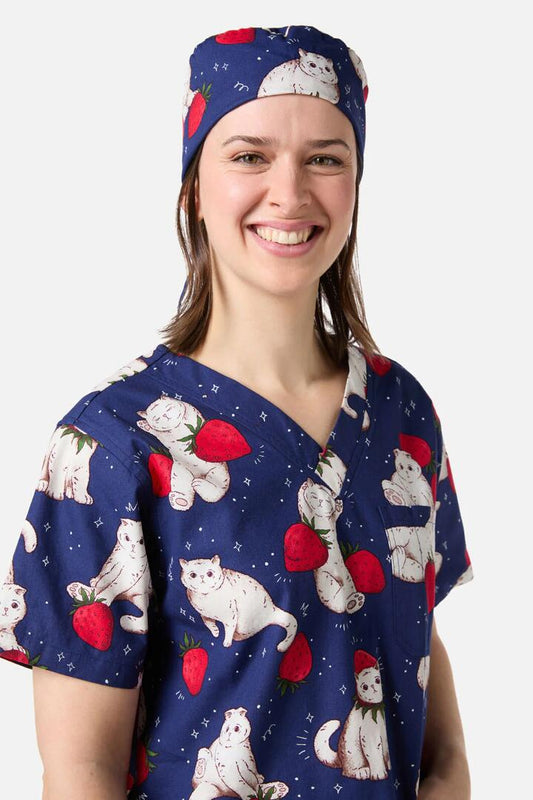 Image of Hats. Productname: Strawberry Cats Scrub Hat in Navy colour by brand - Scrubs With Love