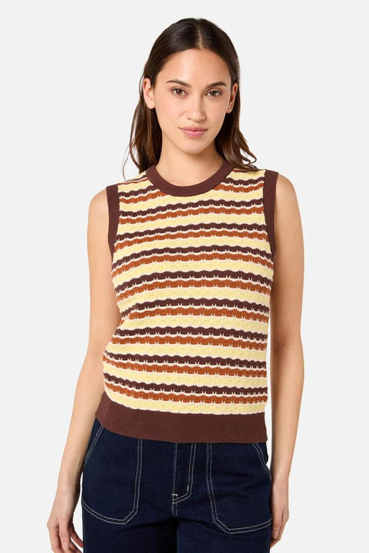 Image of a model wearing Tops. Productname: Erin Knit Vest in Choco/Lemon colour by brand - Princess Highway