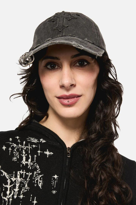 Image of Hats. Productname: Pierced & Distressed Cross Cap in Black colour by brand - Black Friday