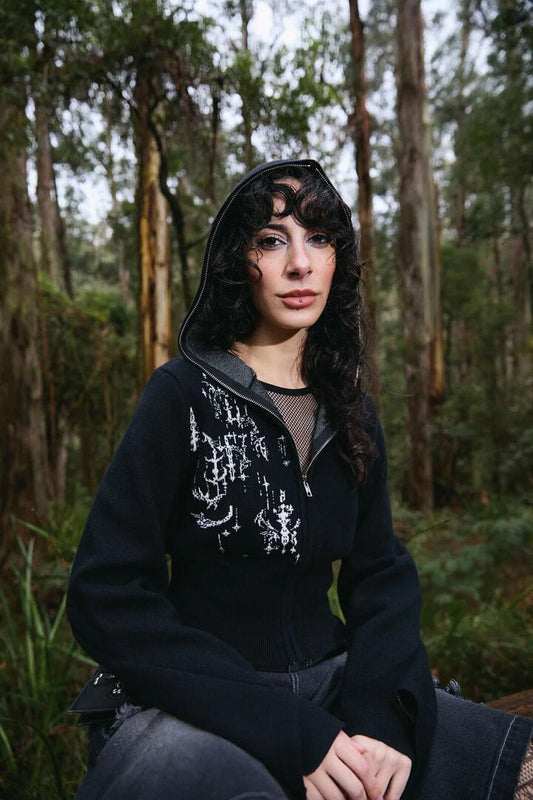 Image of a model wearing Outerwear. Productname: Tech Zipper Hooded Cardi in Black colour by brand - Black Friday