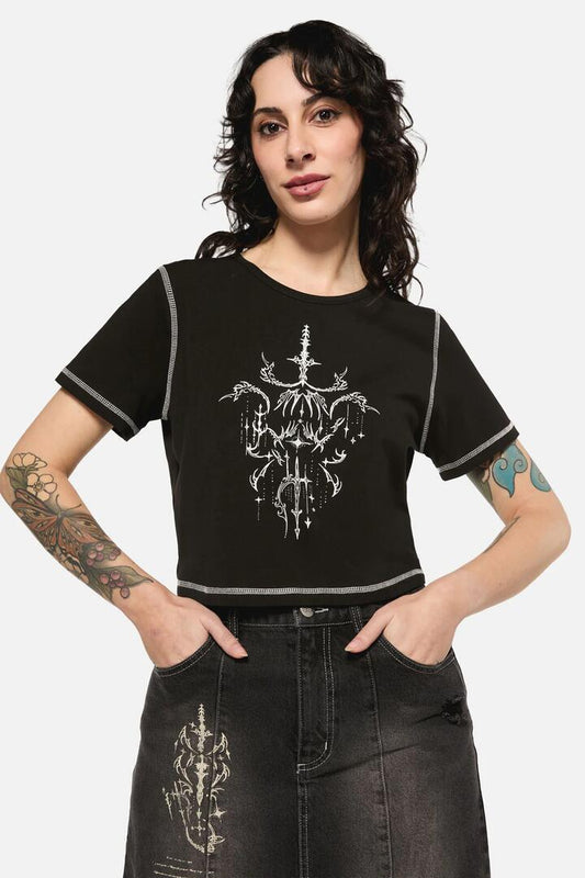 Image of a model wearing Tops. Productname: Tech Cropped Baby Tee in Black colour by brand - Black Friday