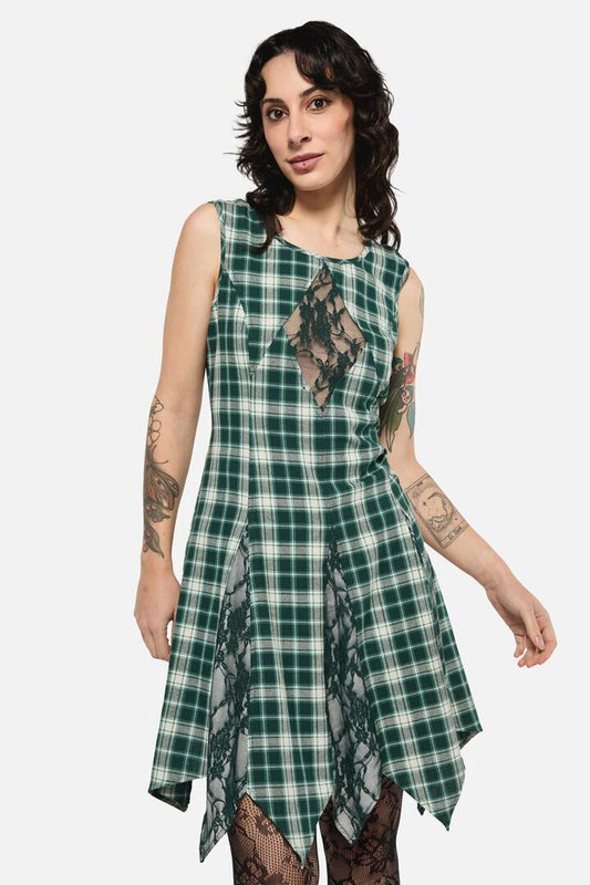 Image of a model wearing Dress. Productname: KeeperOfTheWoodsTartanLaceDres in Sage colour by brand - Black Friday
