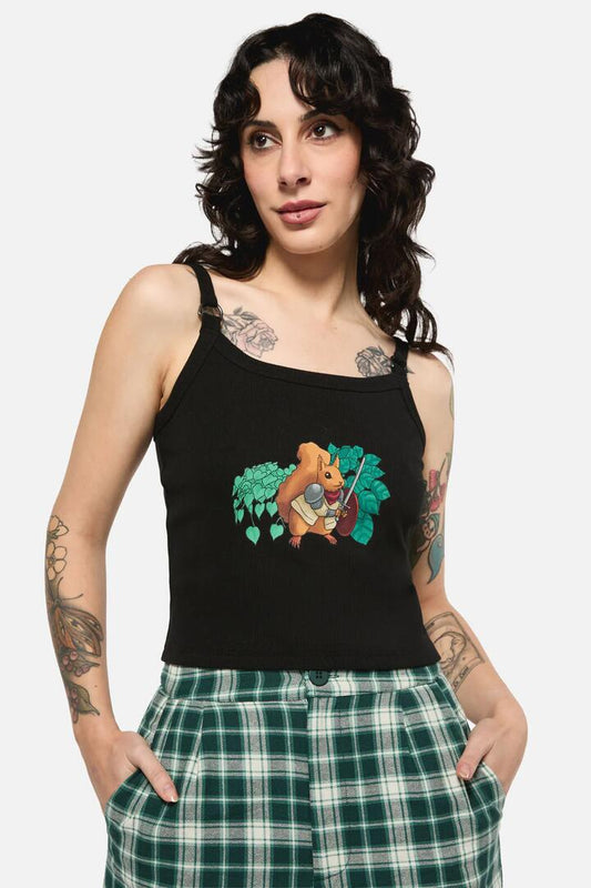Image of a model wearing Tops. Productname: Keeper Of The Woods Squirrel Tank Top in Black colour by brand - Black Friday