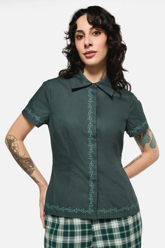 Image of a model wearing Tops. Productname: Keeper Of The Woods Embroidered Trim Blouse in Emerald colour by brand - Black Friday