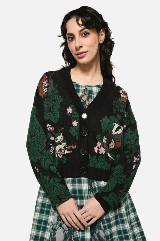 Image of a model wearing Outerwear. Productname: Keeper Of The Woods Graphic Knit Cardigan in Black colour by brand - Black Friday
