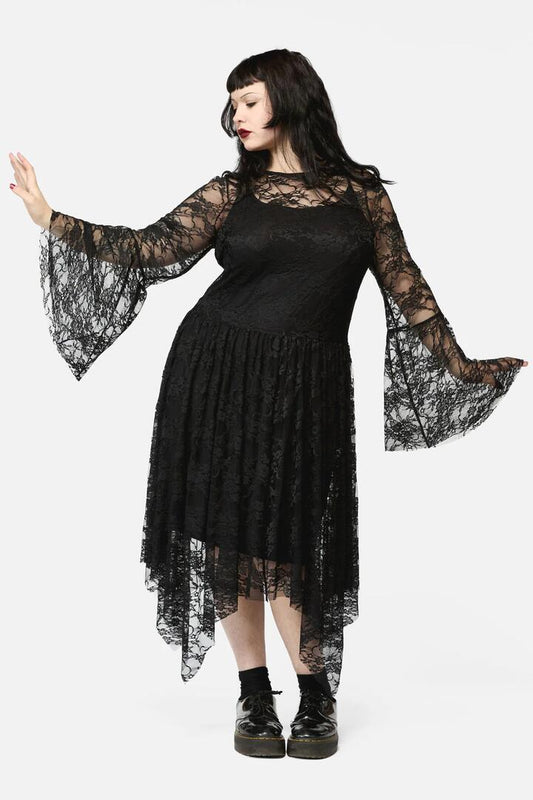 Image of a model wearing Dress. Productname: Curve Keeper Of The Woods Lace Dress in Black colour by brand - Black Friday