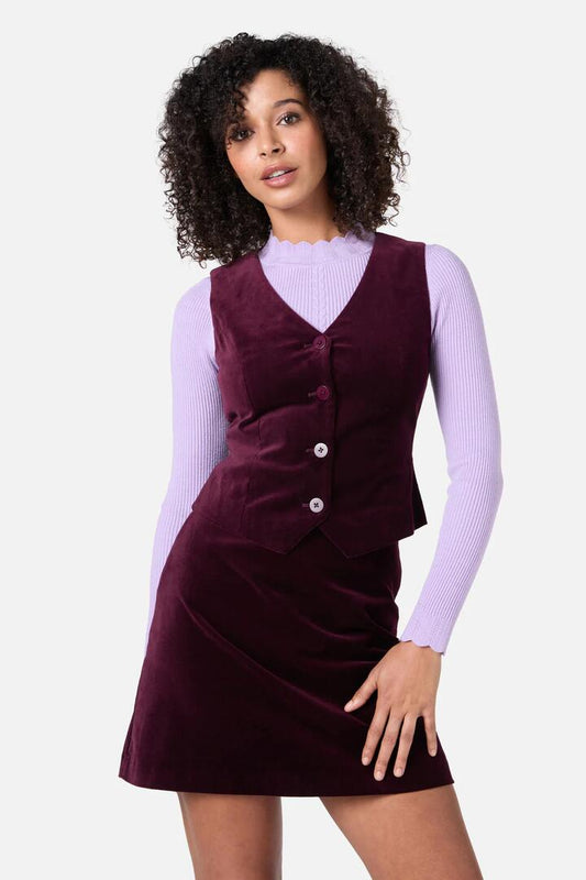 Image of a model wearing Tops. Productname: Stella Velvet Vest in Midnight colour by brand - Princess Highway