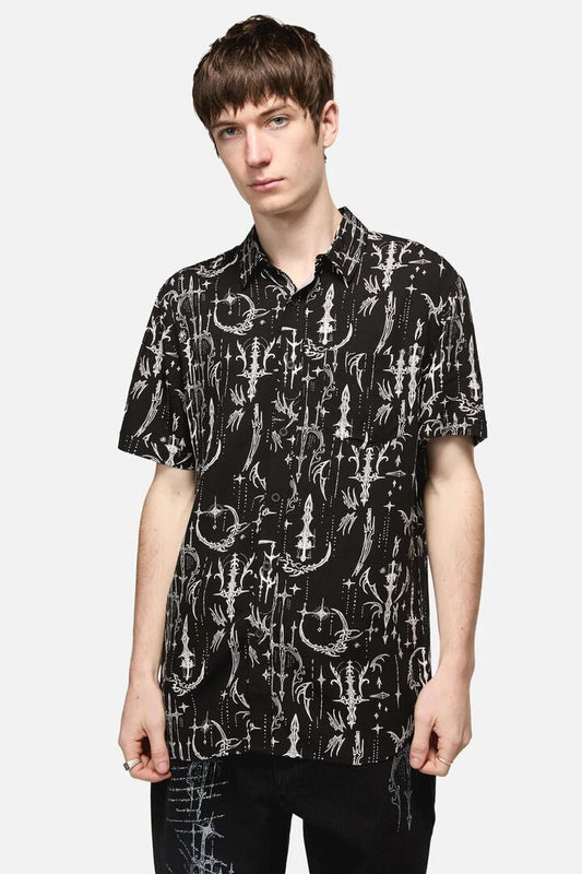 Image of a model wearing Tops. Productname: Cyber Print SS Shirt in Black colour by brand - Black Friday