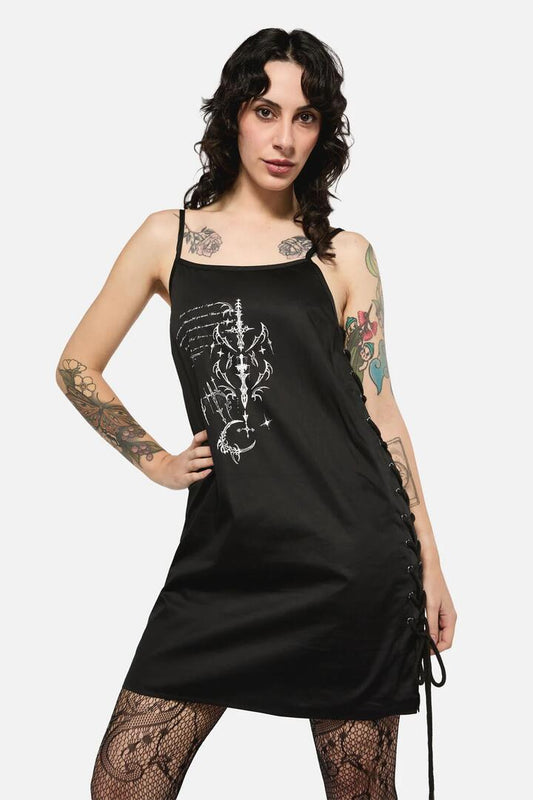 Image of a model wearing Dress. Productname: Ritual Lace Up Mini Dress in Black colour by brand - Black Friday