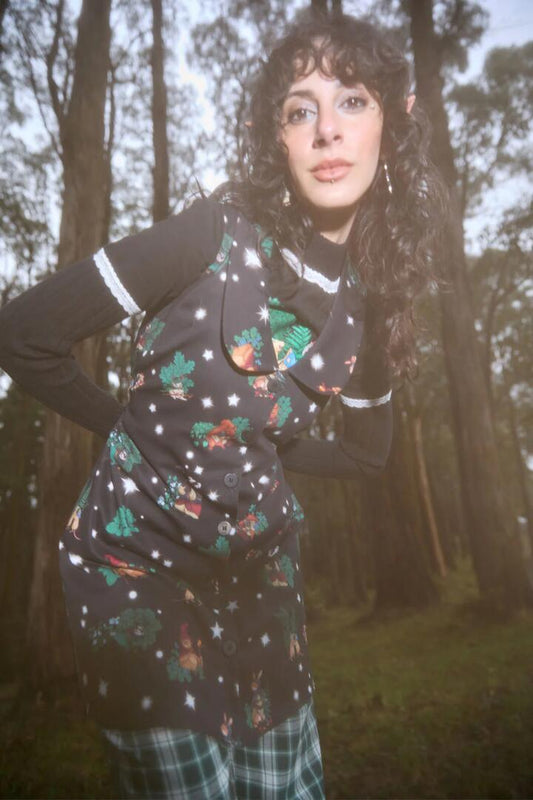 Image of a model wearing Dress. Productname: Keeper Of The Woods Print Pinafore in Black colour by brand - Black Friday