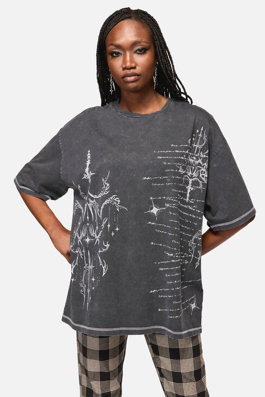 Image of a model wearing Tops. Productname: Tech Oversized Print Tee in Grey colour by brand - Black Friday
