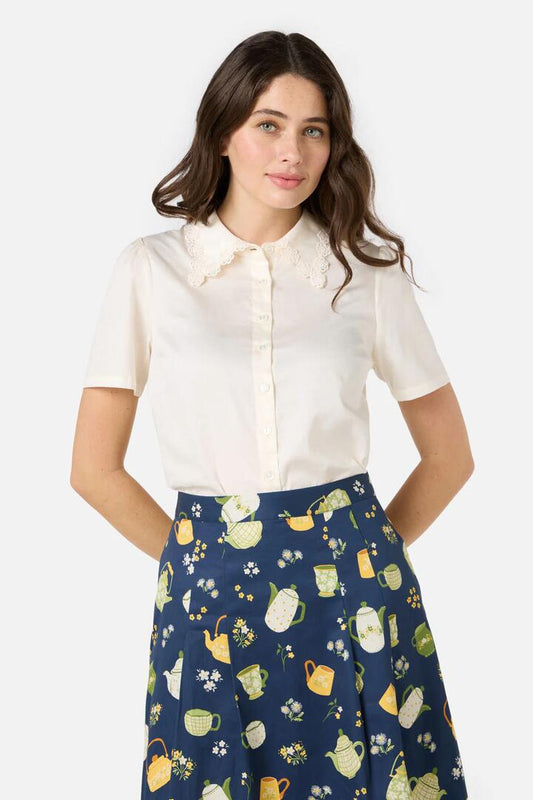 Image of a model wearing Tops. Productname: Lacey Collar Blouse in Blue colour by brand - Princess Highway