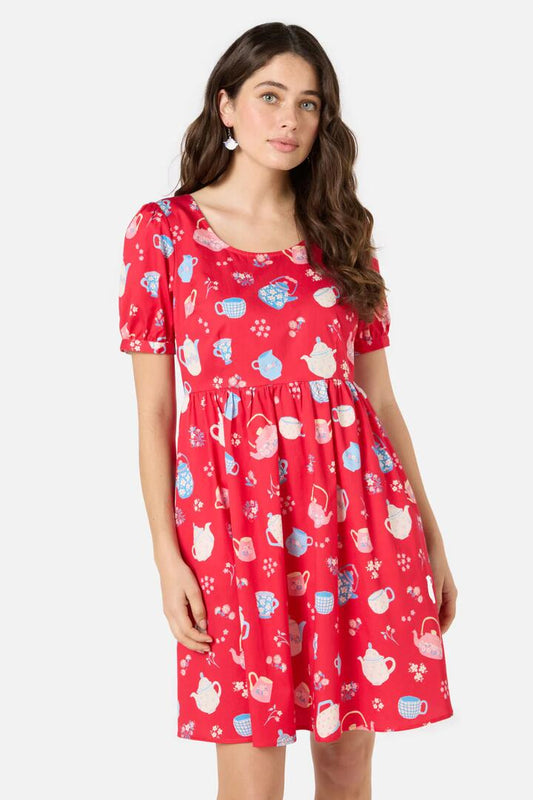 Image of a model wearing Dress. Productname: Tea Time Short Sleeve Dress in Red colour by brand - Princess Highway