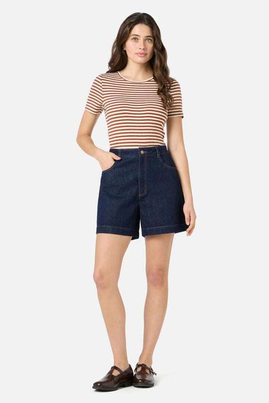 Image of a model wearing Denim. Productname: Jillian Denim Short in Dark Denim colour by brand - Princess Highway