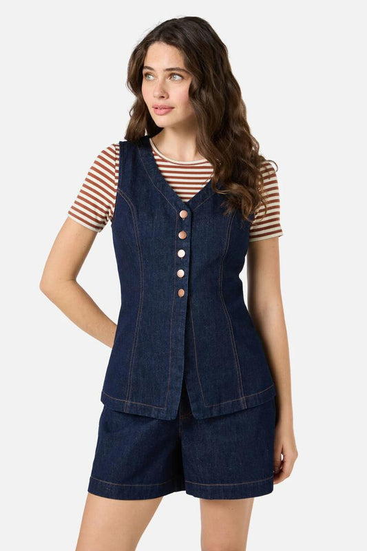 Image of a model wearing Denim. Productname: Jillian Long Denim Vest in Dark Denim colour by brand - Princess Highway