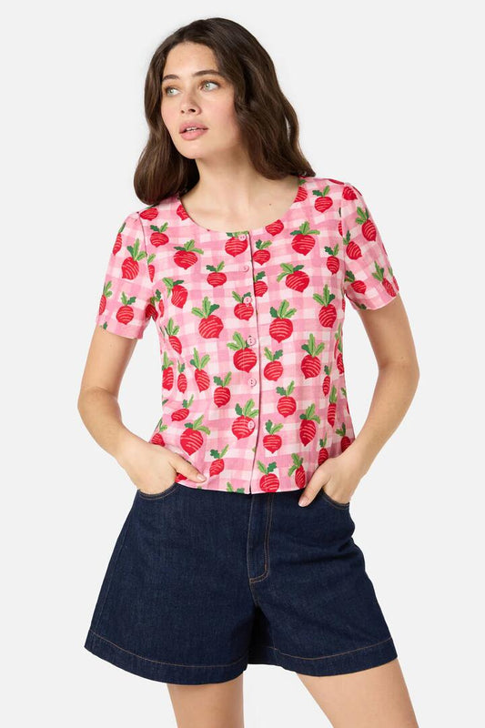 Image of a model wearing Tops. Productname: Radish Picnic Top in Pink colour by brand - Princess Highway