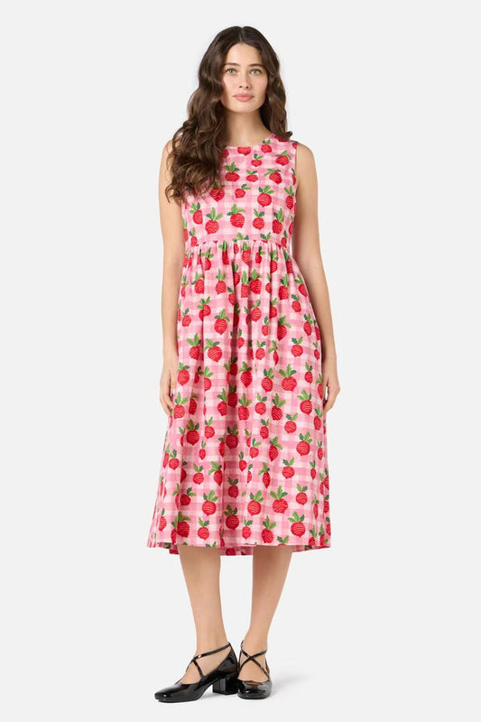 Image of a model wearing Dress. Productname: Radish Picnic Midi Dress in Pink colour by brand - Princess Highway