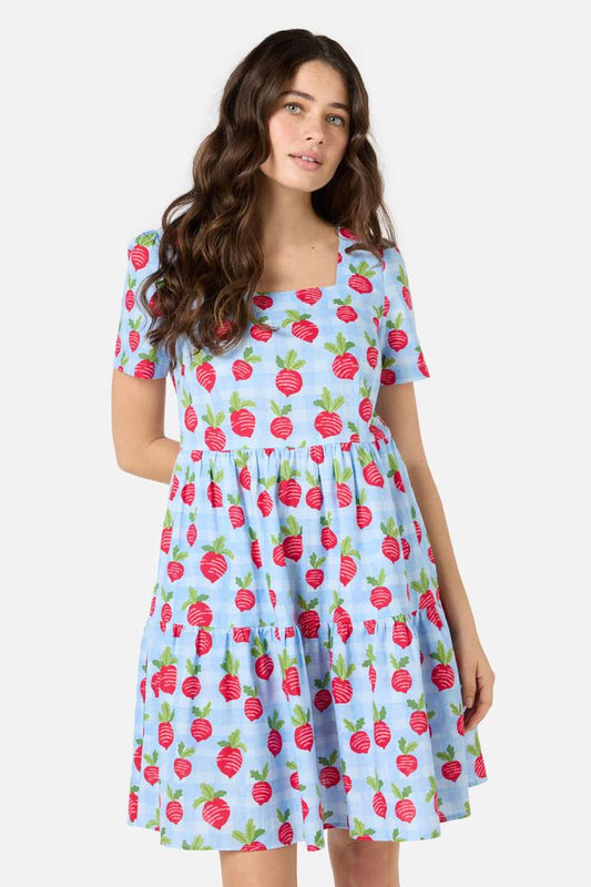Image of a model wearing Dress. Productname: Radish Picnic Smock Dress in Blue colour by brand - Princess Highway