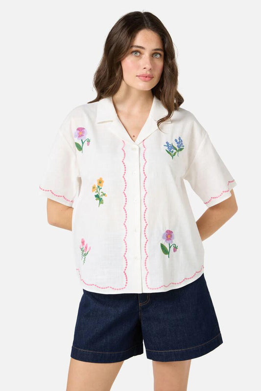 Image of Shirts. Product name - Flower Patch Embroidered Shirt in Cream colour by brand - Princess Highway