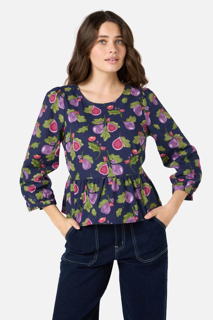 Image of a model wearing Tops. Productname: Fig Smock Top in Navy colour by brand - Princess Highway