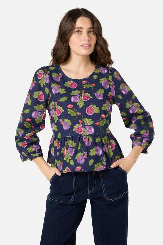 Image of a model wearing Tops. Productname: Fig Smock Top in Navy colour by brand - Princess Highway