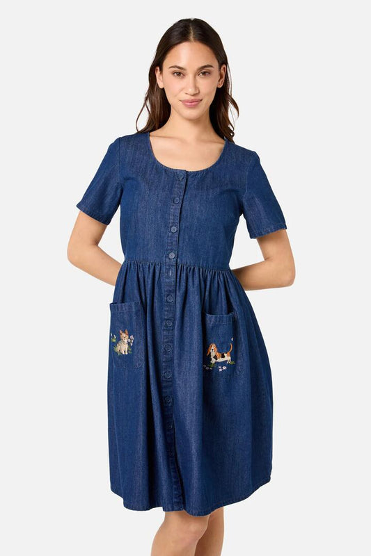 Image of a model wearing Dress. Productname: Cute Dogs Embroidered Dress in Mid Denim colour by brand - Princess Highway