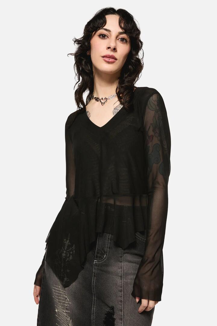 Image of a model wearing Tops. Productname: Crypt A-Symetrical Mesh Top in Black colour by brand - Black Friday