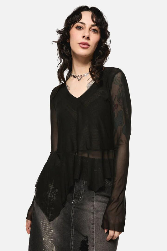 Image of a model wearing Tops. Productname: Crypt A-Symetrical Mesh Top in Black colour by brand - Black Friday