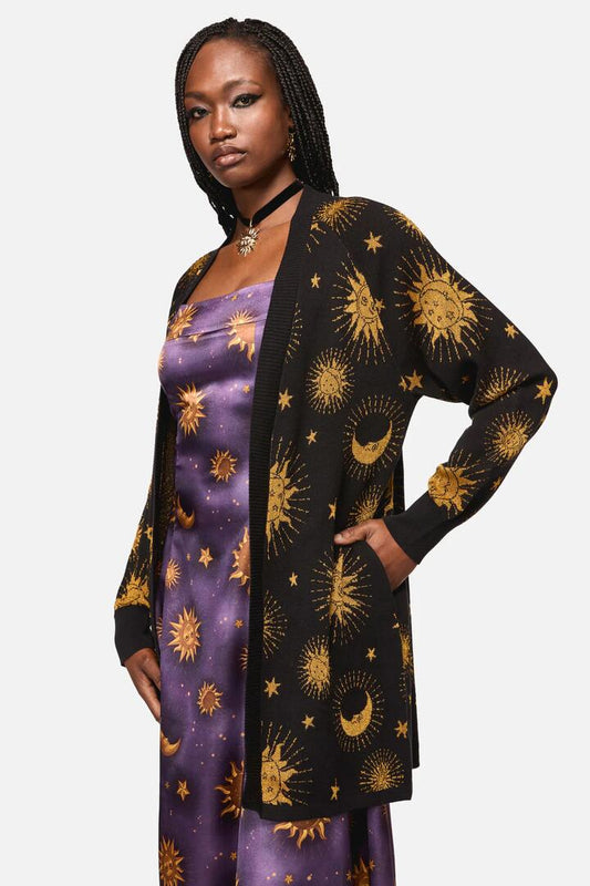 Image of a model wearing Outerwear. Productname: Cosmic Light Goth Cardigan in Purple colour by brand - Black Friday