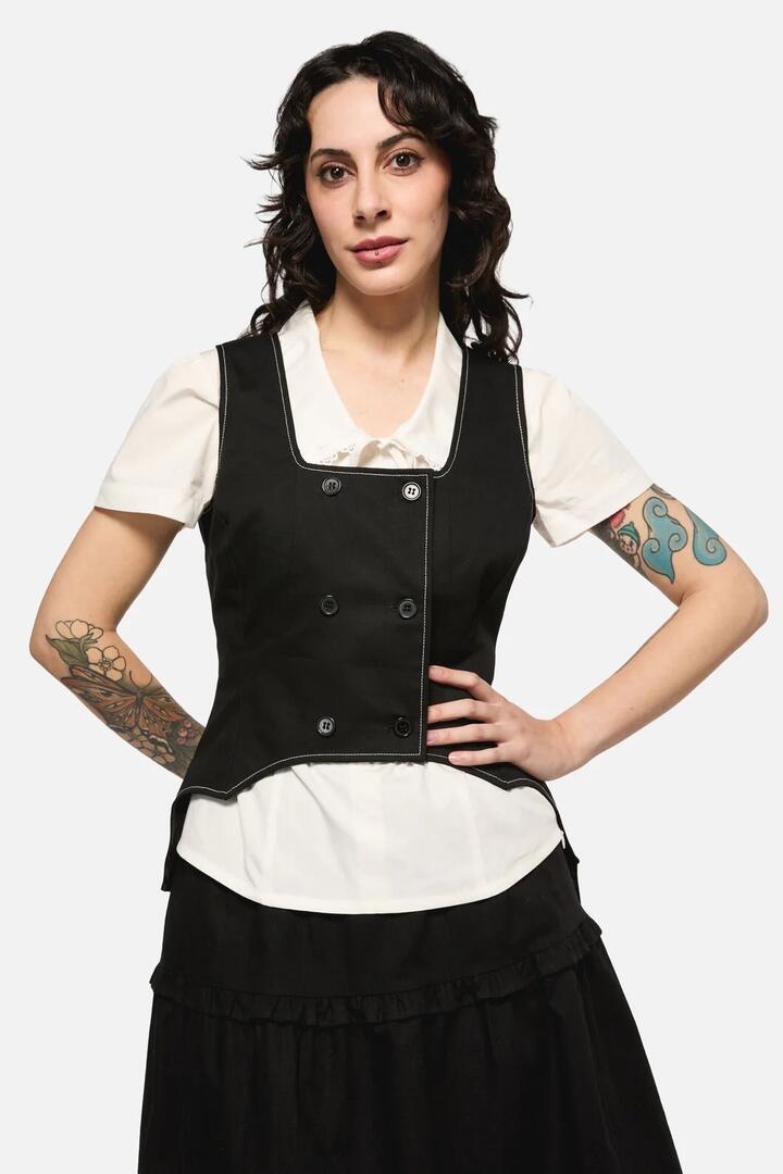 Image of a model wearing Outerwear. Productname: Bat Wing Tail Waist Coat in Black colour by brand - Black Friday