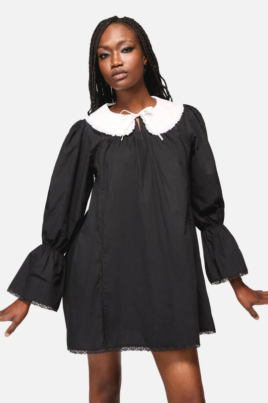 Image of a model wearing Dress. Productname: The Adorned Collar Lace LS Dress in Black colour by brand - Black Friday