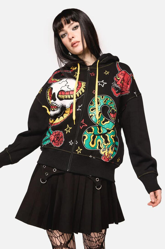 Image of a model wearing Outerwear. Productname: Lawless Print Hoodie in Black colour by brand - Dangerfield