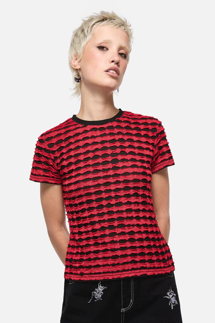 Image of a model wearing Tops. Productname: Dangerous Distressed Mesh Top in Red/Black colour by brand - Dangerfield