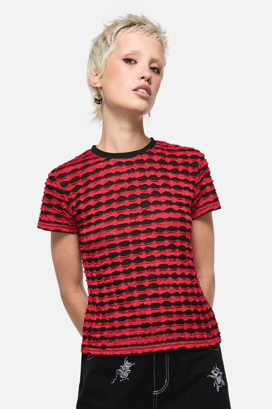 Image of a model wearing Tops. Productname: Dangerous Distressed Mesh Top in Red/Black colour by brand - Dangerfield