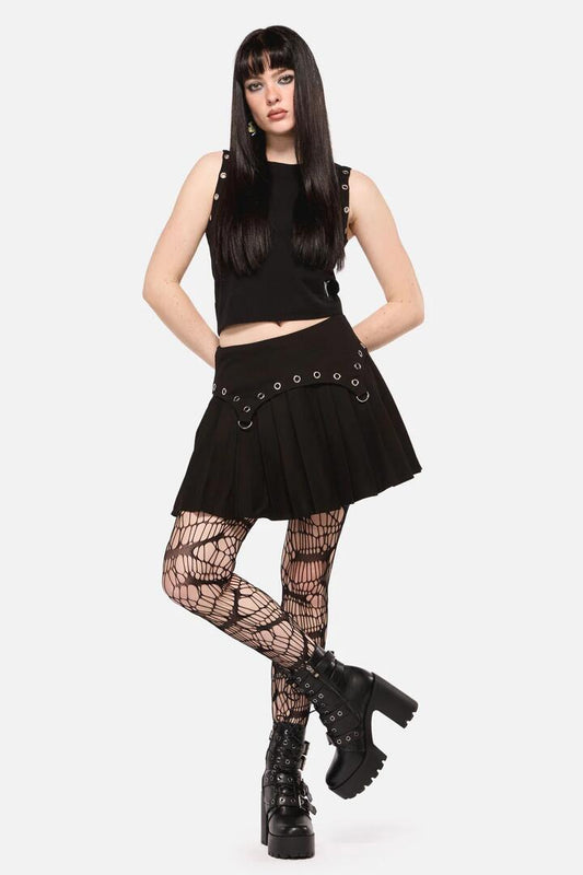 Image of a model wearing Skirts. Productname: Defiant Grunge Trim Skort in Black colour by brand - Dangerfield