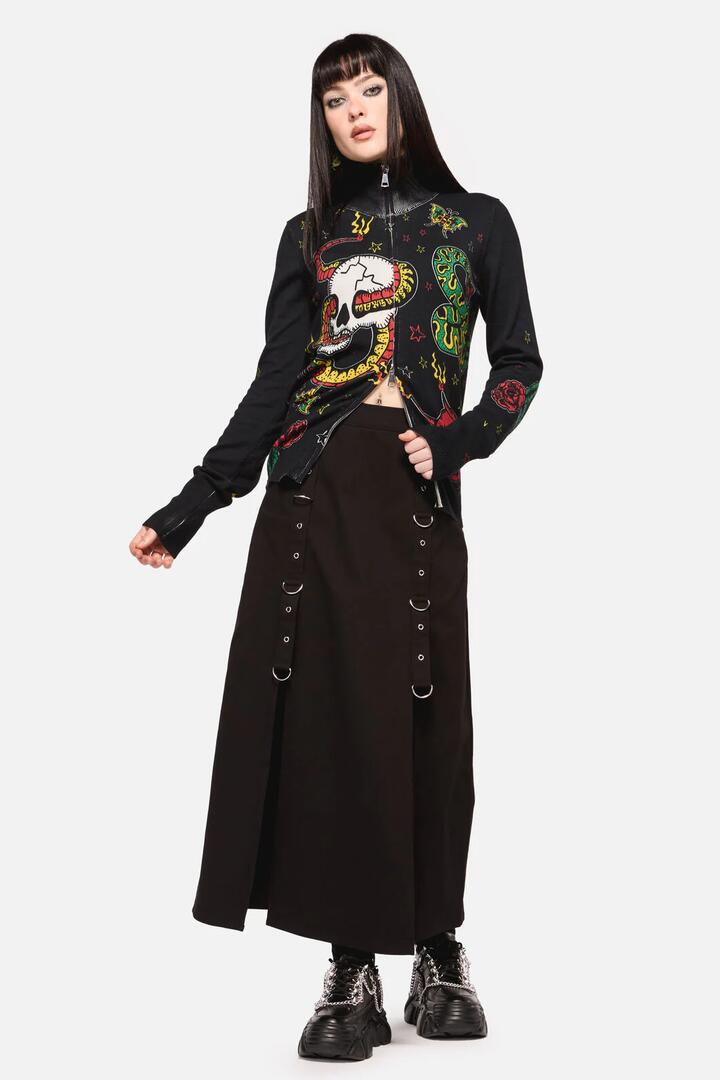 Image of a model wearing Skirts. Productname: Defiant Punk Trim Midi Skirt in Black colour by brand - Dangerfield