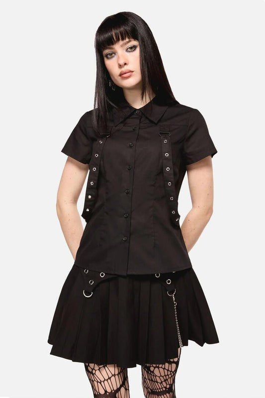 Image of a model wearing Tops. Productname: Defiant Punk Trim Blouse in Black colour by brand - Dangerfield