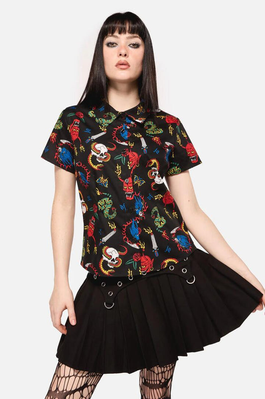 Image of a model wearing Tops. Productname: Dangerous Grunge Print Blouse in Black colour by brand - Dangerfield
