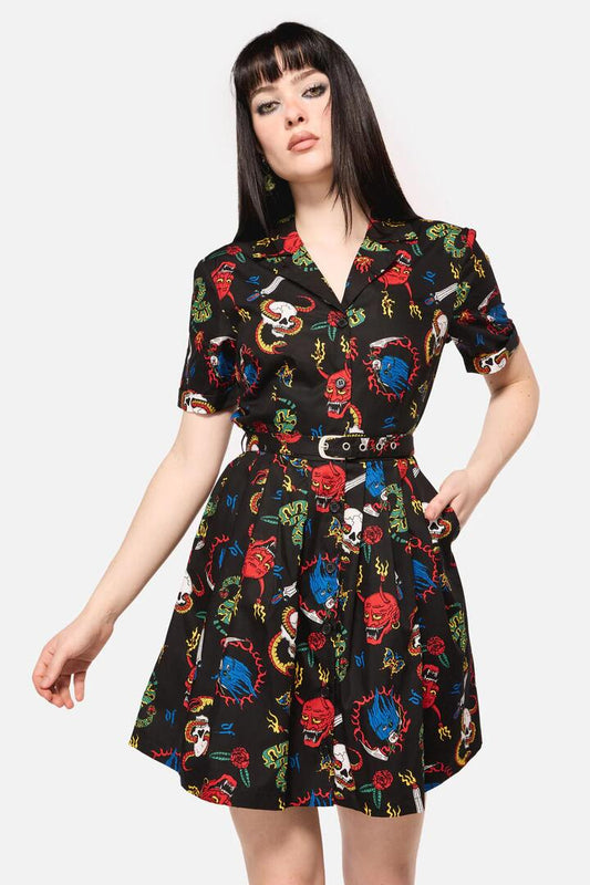 Image of a model wearing Dress. Productname: Dangerous Grunge Print Dress in Black colour by brand - Dangerfield