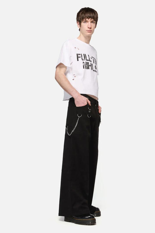 Image of a model wearing Pants. Productname: Defiant Grunge Trim Wide Leg Cargo in Black colour by brand - Dangerfield