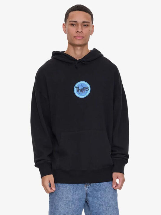 Image of a model wearing Outerwear. Productname: Thrills Super Blast Pull On Hood in Black colour by brand - Thrills