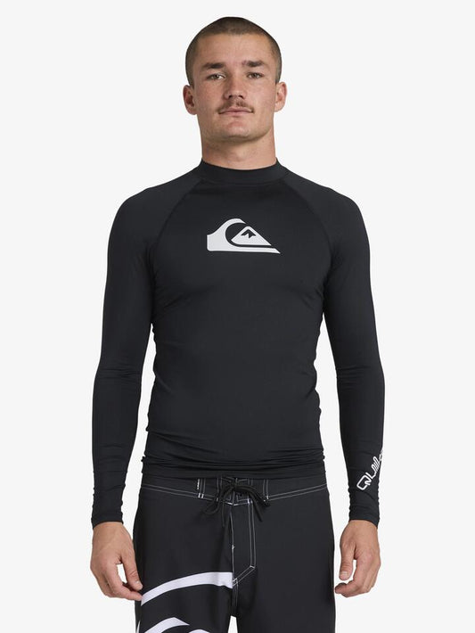 Image of a model wearing Tops. Productname: Quiksilver - Mens All Time Long Sleeve Rash Vest - Black - in Black colour by brand - Quiksilver