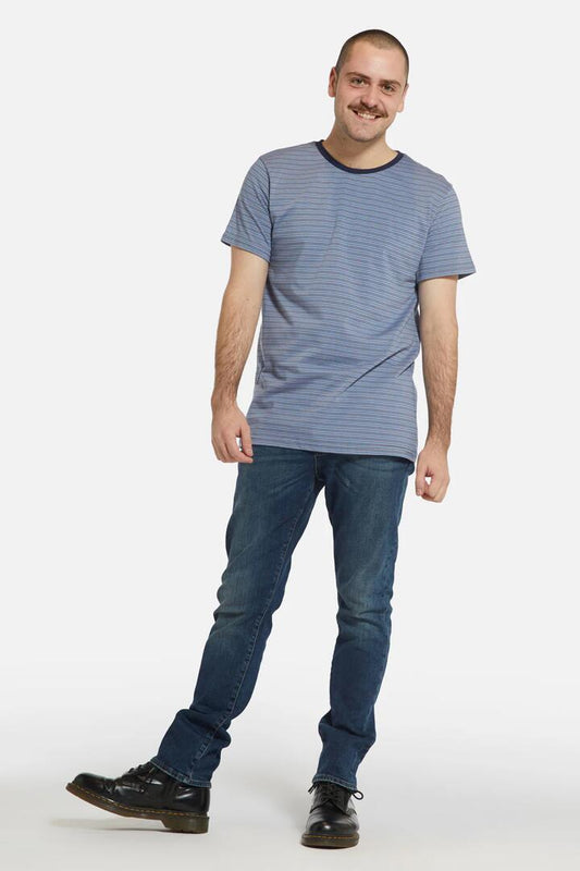 Image of a model wearing Tops. Productname: Chuck Stripe Tee in Blue colour by brand - Dangerfield