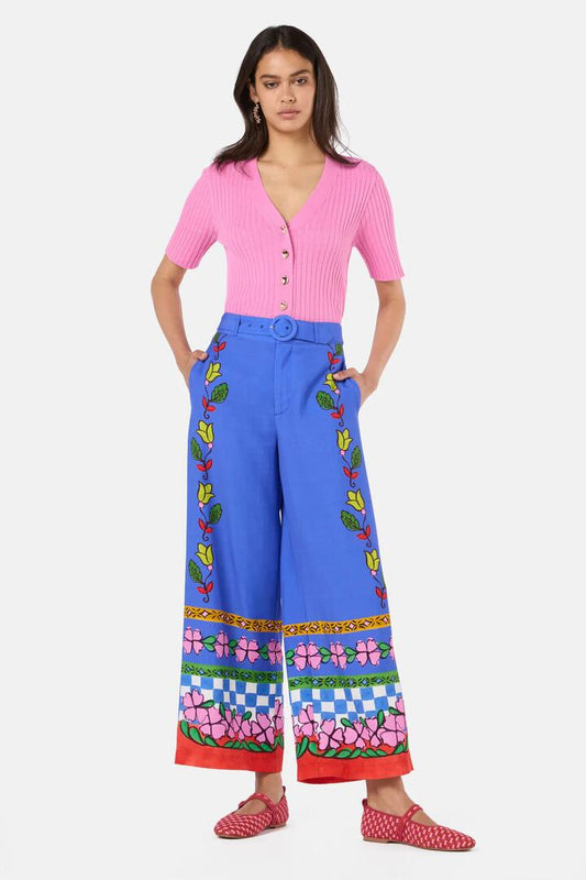 Image of a model wearing Pants. Productname: Fortune Print Wide Leg Pant in Print colour by brand - Gorman
