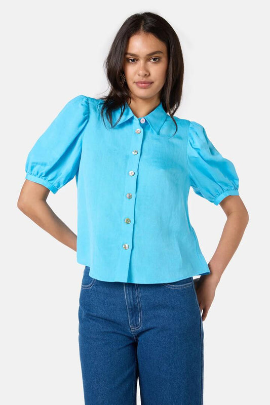 Image of a model wearing Tops. Productname: Royale Balloon Sleeve Shirt in Blue colour by brand - Gorman