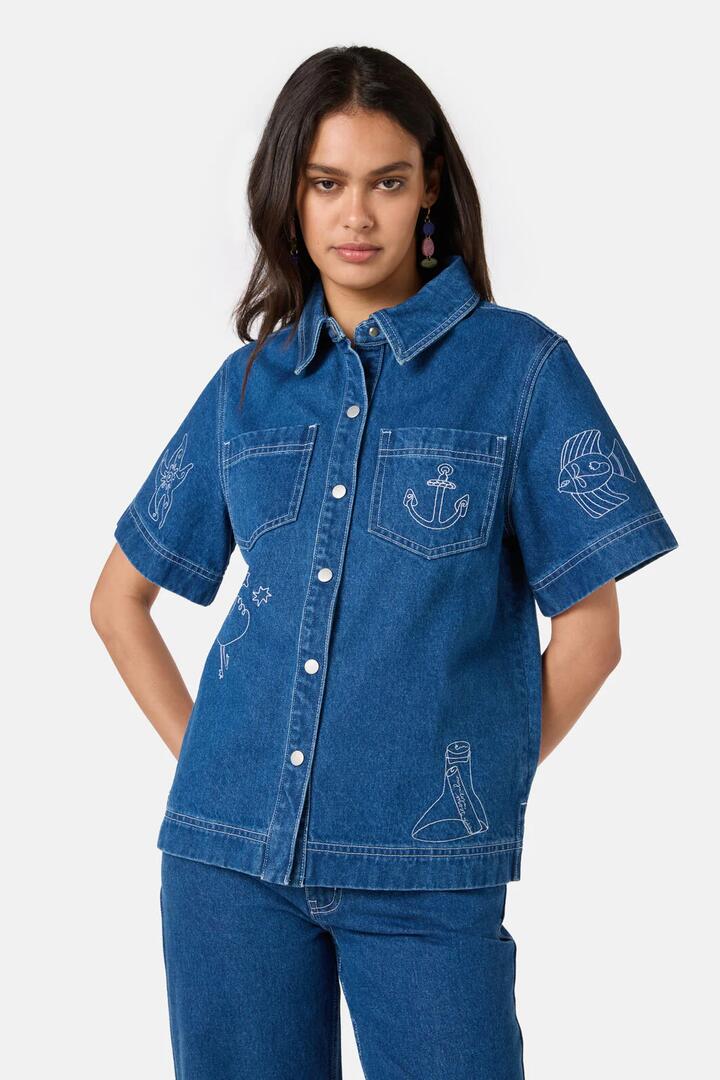 Image of a model wearing Denim. Productname: Sirena Denim Shirt in Denim colour by brand - Gorman