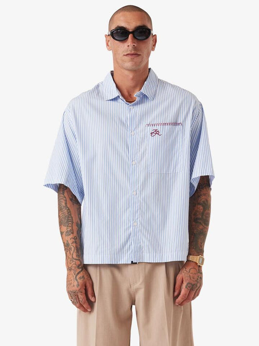 Image of a model wearing Tops. Productname: Zanerobe Box Crop Shirt in Blue Stripe colour by brand - Zanerobe