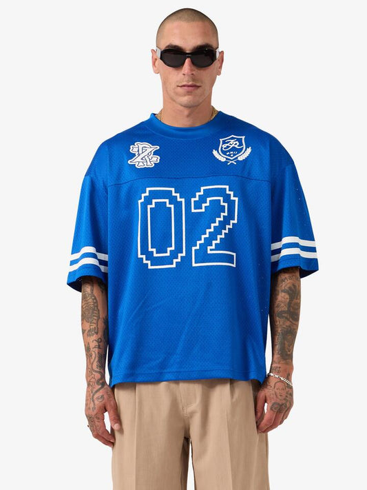 Image of a model wearing Tops. Productname: Zanerobe Heritage Mesh Flow Shirt in Cobalt Blue colour by brand - Zanerobe