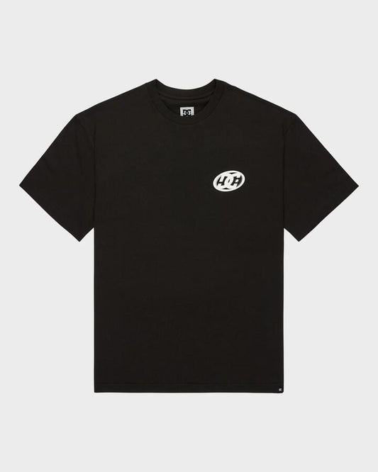 Image of a model wearing Tops. Productname: DC Shoes Mens Fast Bubble Hss T-Shirt Black - in Black colour by brand - DC Shoes